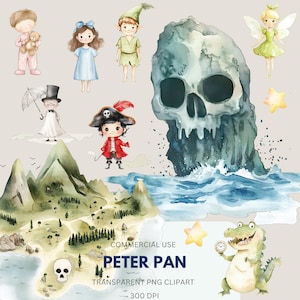 May include: Watercolor illustrations of Peter Pan characters and elements. Includes Peter Pan, Wendy, Tinkerbell, a pirate, a crocodile, a skull, a map, and a skull-shaped island. The text "PETER PAN" and "TRANSPARENT PNG CLIPART" are also included.