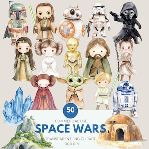 Könnte beinhalten: Aquarellillustrationen verschiedener Charaktere aus dem Space Wars-Franchise. Die Sammlung umfasst Figuren von Boba Fett, Yoda und R2-D2, unter anderem. Das Bild enthält auch den Text "SPACE WARS" und "50 COMMERCIAL USE".