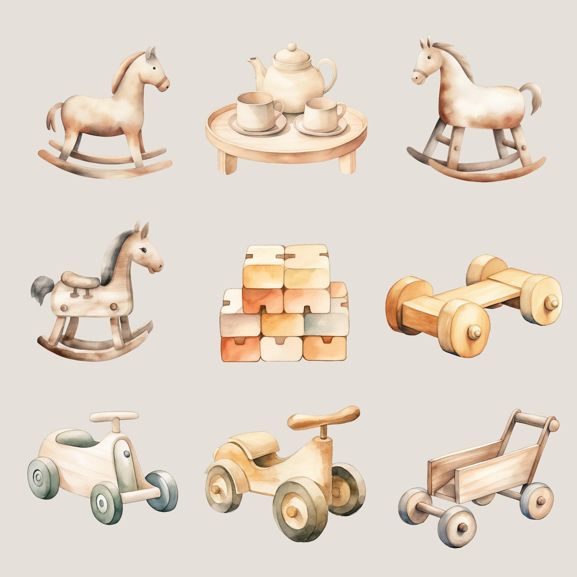 Wood Toy Clipart Pack, Watercolor Baby Toys Clipart, Boho Baby, Newborn ...