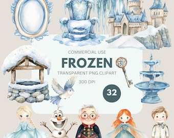Frozen Princess Clipart, Ice Princess, Snowman Clipart, Girl Birthday, Snow Queen, Enchanted Princess for Commercial Use, Transparent PNG