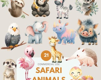 Safari Animals Clipart, Jungle Animal Clipart, Cute Safari Animal, Lion Giraffe Elephant, Commercial Use, Transparent PNG