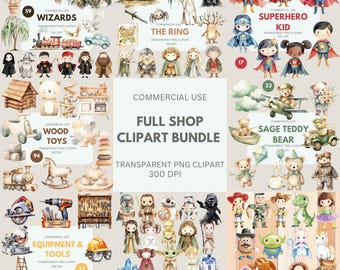 Whole Shop Clipartart Bundle, Lifetime Access Clipart, Commerical License, Watercolor Clipart for Commercial Use, Transparent PNG