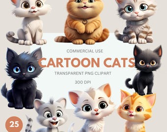 Cartoon Cat Clipart Pack, Cute Cat, Happy Cats, Cat Illustrations, PNG, Commercial Use, Transparent PNG