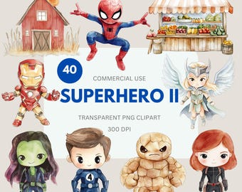 Superhero II Clipart, Boys & Girls Superhero, Baby Heros, Cute Superhero, Superhero Birthday Watercolor for Commercial Use, Transparent PNG