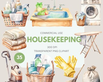 Housekeeping Clipart Pack, Cleaning Supplies Clipart, Spring Cleaning, Cleaning Services Clipart, Laundry, Commercial Use, Transparent PNG