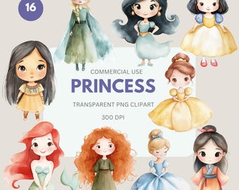 Princess Collection Clipart, Snow White, Cinerella, Belle, Mulan, Frozen, Elsa, Ana, Princess Watercolor for Commercial Use, Transparent PNG