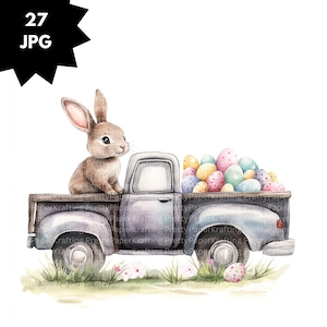 May include: Watercolor illustration of a gray pickup truck filled with colorful Easter eggs. A brown bunny sits on the truck's side. The image includes the text "27 JPG" in a black starburst.