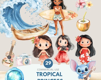 Tropical  Princess Clipart, Kid Art, Island Princess, Hawaiian Clipart, Lilo and Stich Birthday, Cute Lilo, Commercial Use, Transparent PNG