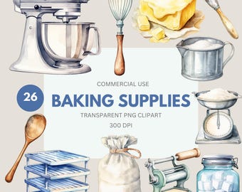 Baking Supplies Clipart Pack, Watercolor Baking Clipart, Kitchen Utensils, Kitchen Equipment, Culinary Clipart, Transparent PNG