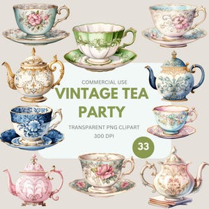 Vintage Tea Party Clipart Pack, Akvarell Versailles Tea Party, Tekopp Clipart, Vintage Blommig Tetid, Kommersiellt Bruk, Transparent PNG