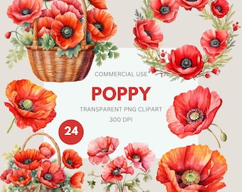 Poppy Clipart, Watercolor Poppy Clipart, Floral Illustration, Red Poppy Flower, Remembrance Day Floral Commercial Use, Transparent PNG