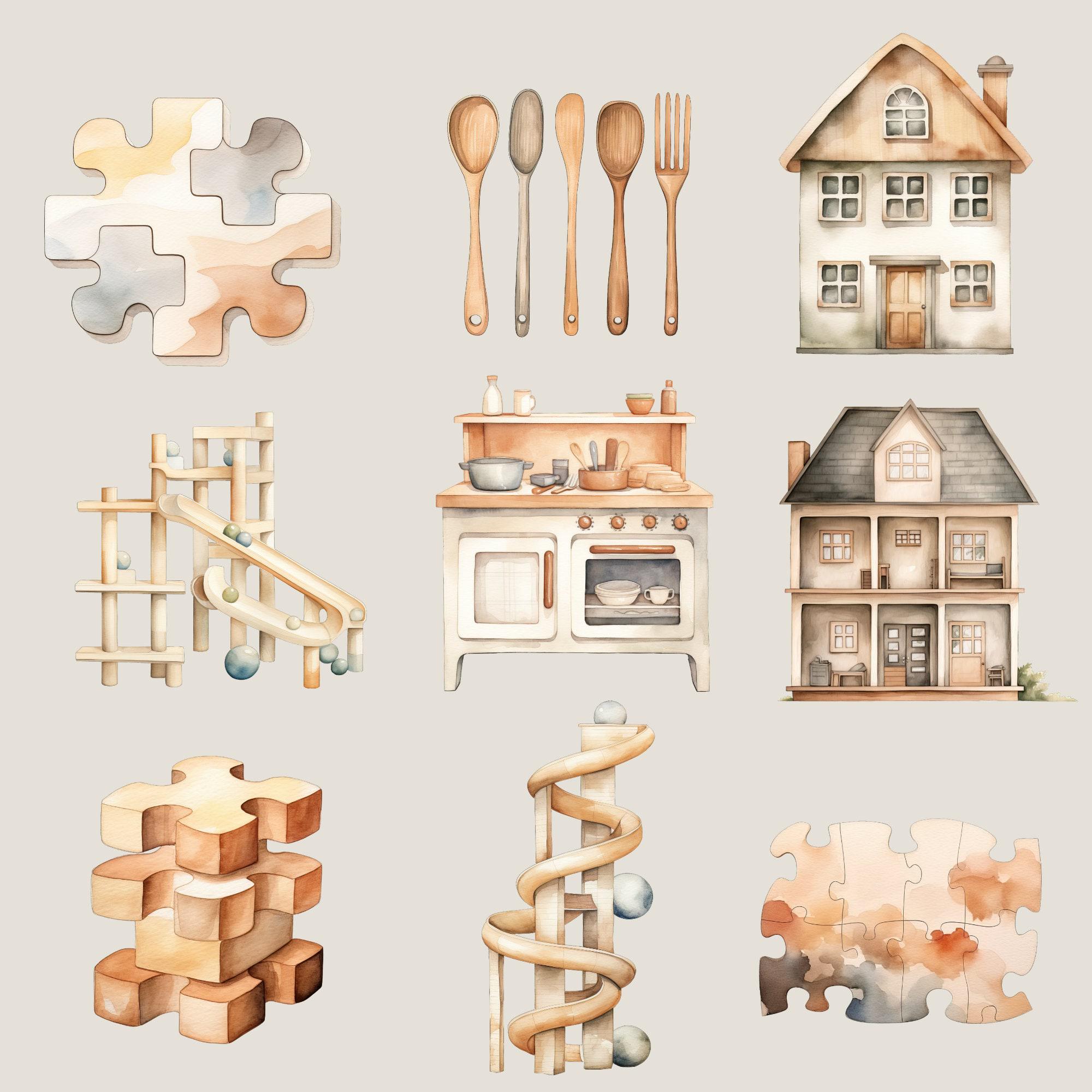 Wood Toy Clipart Pack, Watercolor Baby Toys Clipart, Boho Baby, Newborn ...