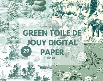 Green Toile De Jouy Digital Paper, Green Floral French Toile De Jouy, Seamless Pattern Green White Chinoiserie Digital Paper, Commercial Use