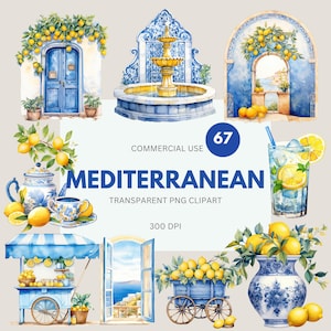 May include: Watercolor illustrations featuring Mediterranean themes. Includes a blue door with lemon garland, a fountain, a window overlooking the sea, a cart, a vase, a tea set, and a refreshing drink with lemon slices. The word "Mediterranean" is displayed.
