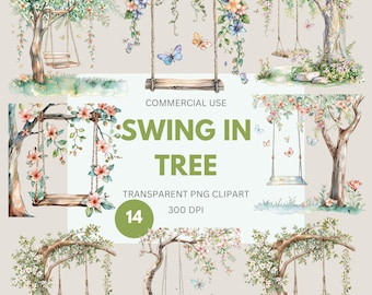 Swing In Tree Clipart, Watercolor Floral Swing Clipart, Paper Craft, Junk Journals, Commercial Use, Transparent PNG