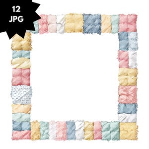 May include: A square frame design with a patchwork quilt aesthetic. The frame is composed of various pastel-colored fabric squares, including pink, yellow, blue, and white, with a textured, hand-stitched appearance. The text "12 JPG" is in a black starburst shape in the upper left corner.