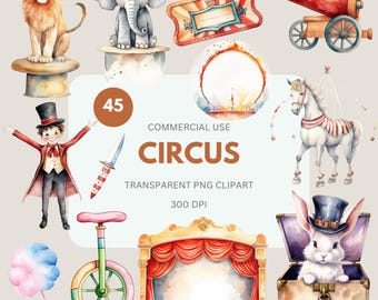 Circus Clipart Pack, Circus Animal Watercolor, Circus Tent, Circus Party, Circus Ringmaster, Rabbit in Magic Commercial Use, Transparent PNG