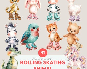 Roller Skating Animals Clipart, Cute Animal, Skating Clipart, Kids Clipart, Party Printables, Scrapbooking Transparent PNG