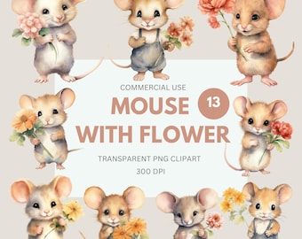 Mouse Holding Flower Clipart, Mouse with Flower, Cute Mouse with a Flower, Little Rodents, Mouses for Commercial Use, Transparent PNG
