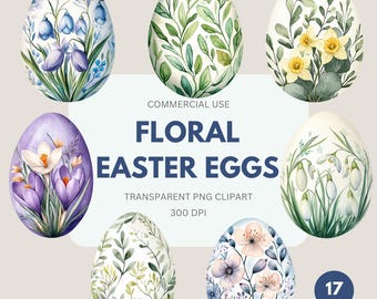 Floral Easter Eggs Clipart, Easter Eggs Clipart, Watercolor Easter Egg, Egg Hunt, Commercial Use, Transparent PNG
