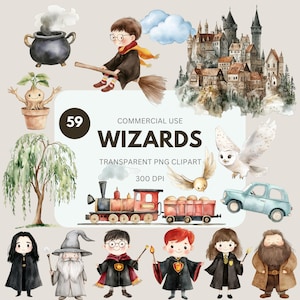 Puede incluir: Conjunto de imágenes prediseñadas de acuarela con magos, un castillo, un tren, un búho y otros elementos mágicos. El texto dice "Wizards" y "Transparent PNG Clipart". La imagen tiene un fondo beige claro.