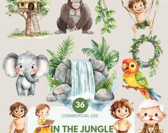 Jungle Clipart, Jungle Adventure, Jungle Boy, Animals, Vines PNG Monkey, Parrot for Commercial Use, Kids Clipart, Transparent PNG