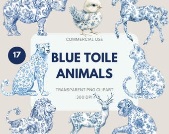 Blue Toile Animals Clipart Pack, Blue Toile De Jouy Water Color, Vintage Toile, Chinoiserie Clipart Commercial Use, Transparent PNG