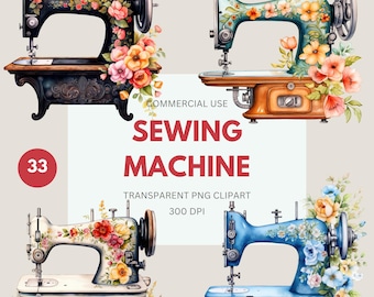 Vintage Sewing Machine Clipart, Watercolor Sewing, Florals with Sewing Machine, Cottagecore, Commercial Use, Transparent PNG