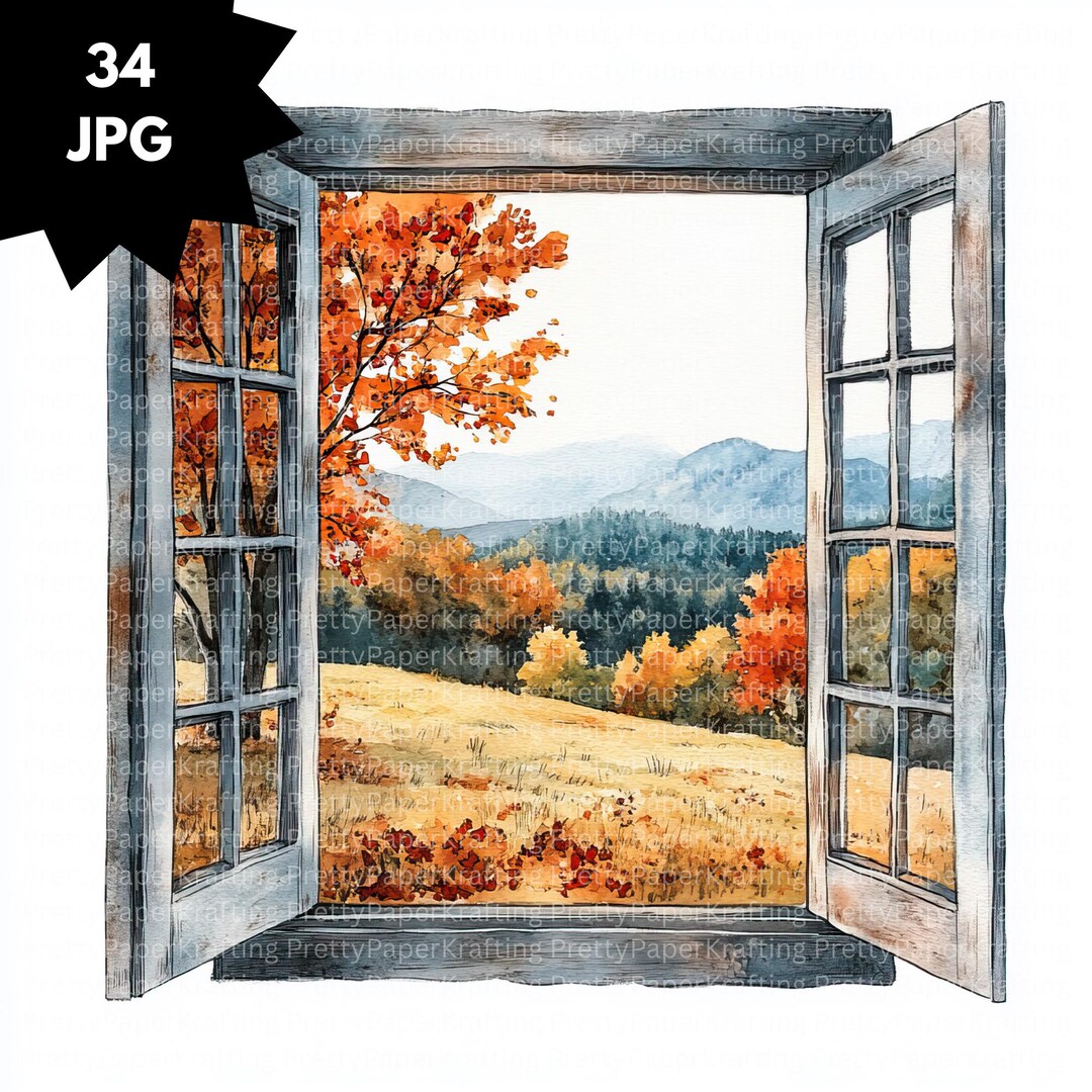 Watercolor Autumn Window Clipart, Cozy Fall Window Scene for ...