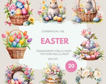 Easter Clipart Pack, Easter Bunny Chick Sheep Egg PNG, Easter Basket Cake Watercolor, Easter Spring Theme, Commercial Use, Transparent PNG