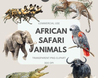 African Safari Animals Clipart, Wildlife Illustrations, Jungle Animal Clipart Bundle, Scrapbooking, Cards, Party Printable , Transparent PNG