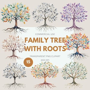 May include: Watercolor illustrations of family trees with roots, featuring various leaf colors. The image includes text that reads "Family Tree With Roots" and "Transparent PNG Clipart". There are 15 different tree designs.