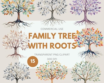 Family Tree with Roots Clipart, Tree with Roots, Tree of Life Clipart, Oak Tree, Genealogy Watercolor for Commercial Use, Transparent PNG