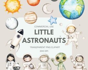 Little Astronauts Clipart Pack, Watercolor Space PNG, Birthday Boy Clipart, Space Ship, UFO, Planets, Commercial Use, Transparent PNG