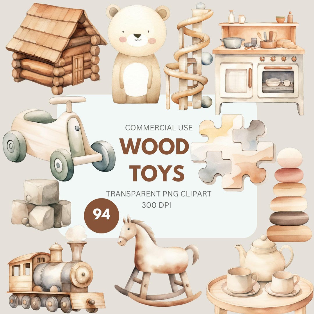 Wood Toy Clipart Pack, Watercolor Baby Toys Clipart, Boho Baby, Newborn ...