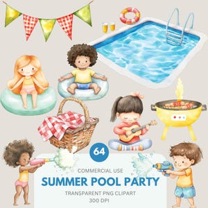 May include: Watercolor illustration of a summer pool party scene. Includes a pool, children with water guns, a picnic basket, a grill, and a banner. The text reads "Summer Pool Party".