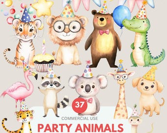 Party Animal Clipart, Watercolor Animals, Animal Celebration, Forest Creatures Balloon, Birthday Party for Commercial Use, Transparent PNG