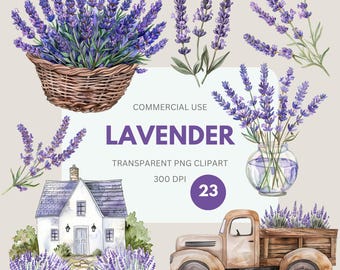 Lavender Flower Clipart, Watercolor Spring Clipart, Botanical Clipart, Provence Floral,  Lavender Borders Commercial Use, Transparent PNG
