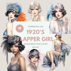 May include: Digital clipart featuring six illustrations of flapper girls in the style of the 1920s. The images showcase women with bobbed hairstyles, adorned with headbands, feathers, and jewelry. The text on the image reads "1920's Flapper Girl Transparent PNG Clipart".