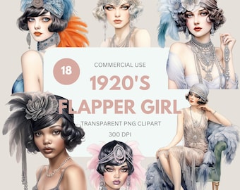 May include: Digital clipart featuring six illustrations of flapper girls in the style of the 1920s. The images showcase women with bobbed hairstyles, adorned with headbands, feathers, and jewelry. The text on the image reads "1920's Flapper Girl Transparent PNG Clipart".