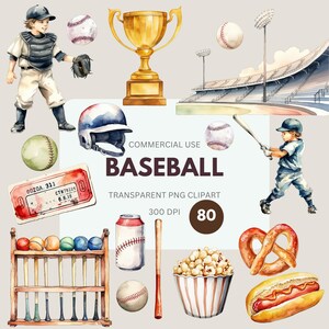 Peut inclure: Illustration à l'aquarelle sur le thème du baseball. Comprend un joueur de baseball, des balles de baseball, un trophée, un stade, un casque, un billet, un râtelier à balles, une canette, une batte, du pop-corn, un bretzel et un hot-dog. Le mot "BASEBALL" est affiché.