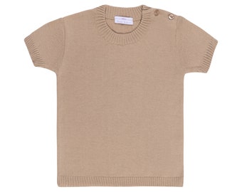 Short Sleeve Top, ribbed cuffs and button shoulder, Gift for kids ~ SS Top ~ Latte