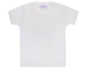 Short Sleeve Top, ribbed cuffs and button shoulder, Gift for kids ~ SS Top ~ Off White