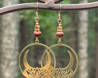 Golden lotus flower earrings, moon earrings, brass gold earrings, gold hoop earrings, Boho earrings, Boho jewelry, Jasper earrings