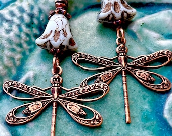 Copper Dragonfly Earrings – Flower Crystal Beads, Boho Insect Jewelry