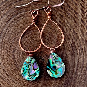 Abalone shell earrings copper, natural shell earrings, wire wrapped copper earrings, Boho abalone jewelry, iridescent shell earrings