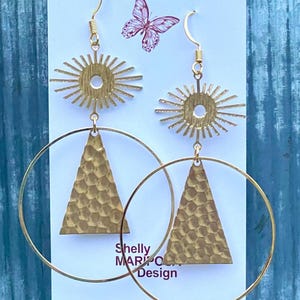 Large brass Boho earrings, handmade Boho statement earrings, gold sun earrings, tribal earrings, big hoop earrings, raw brass jewelry