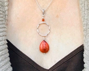 Red Sponge Coral Pendant, Hammered Silver Necklace, Teardrop Jewelry