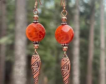 Fire agate and copper Boho earrings, Copper jewelry, orange gemstone earrings