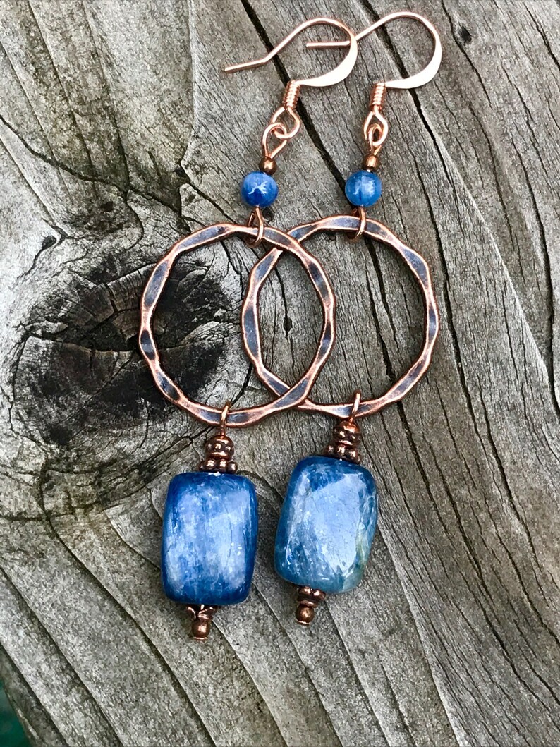 blue gemstone copper jewelry Copper hoop earrings kyanite earrings